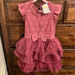 Charming Lace Ruffle Kids Dress in Rose